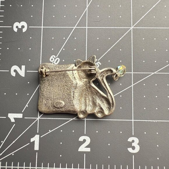 Nanas Are Purr-Fect Cat Pin Brooch With Crystal Charm By TC Vintage Silver Tone - Picture 6 of 6
